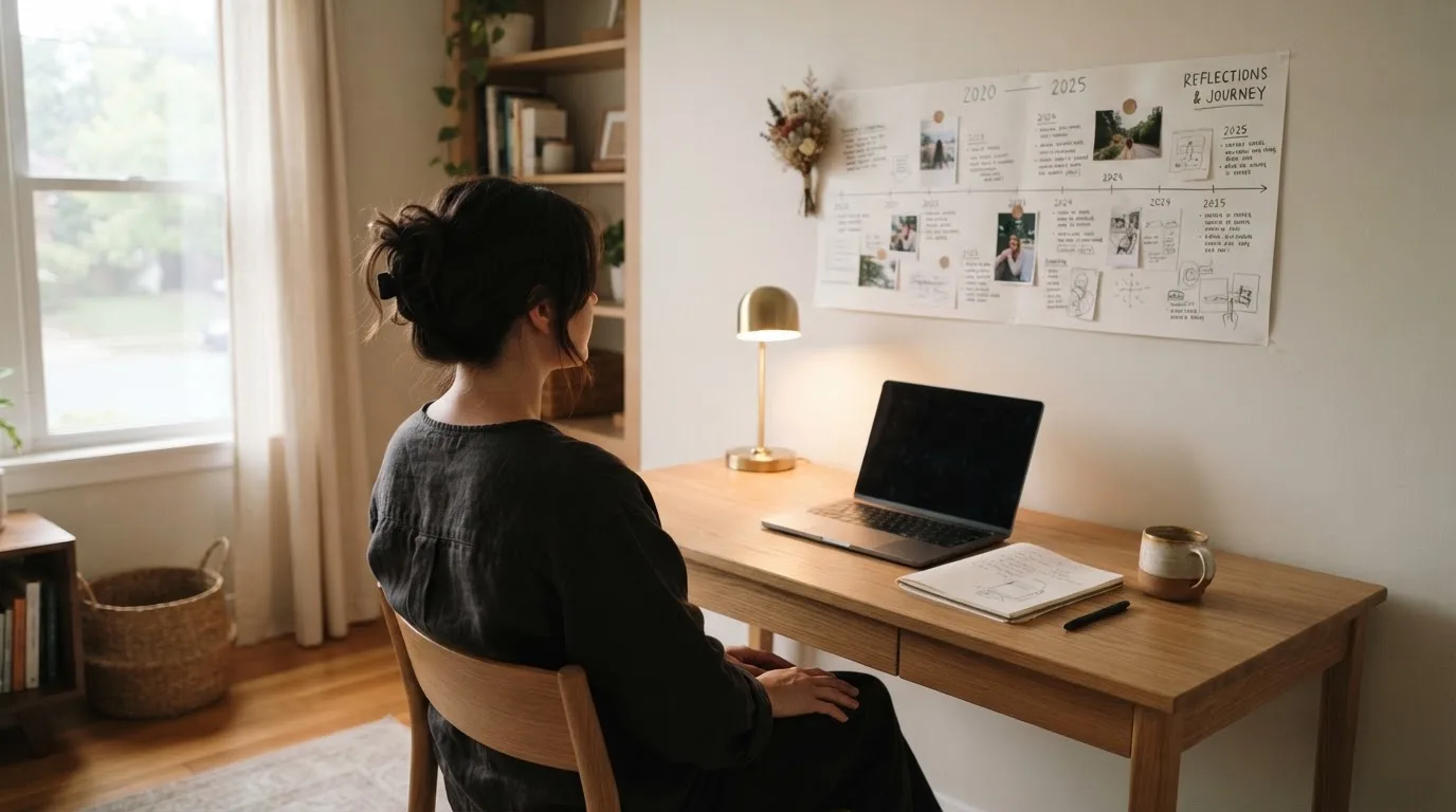 Una persona seduta a una scrivania minimalista con un laptop chiuso e una lampada accesa in un ufficio domestico ordinato.