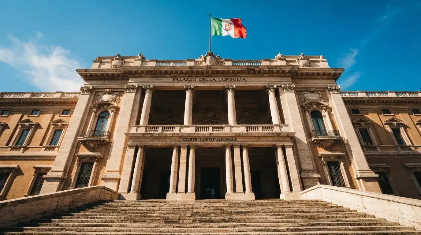 Un edificio governativo italiano con bandiera al vento fotografato dal basso in una giornata di sole.