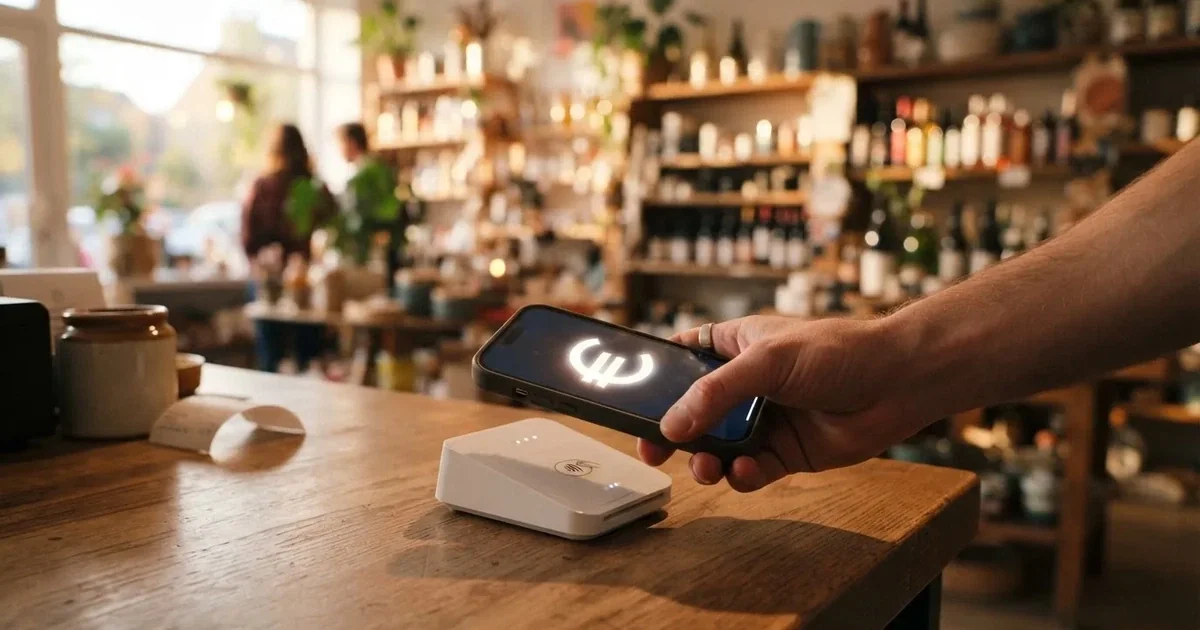 Una persona avvicina uno smartphone a un terminale di pagamento contactless su un bancone in un negozio.