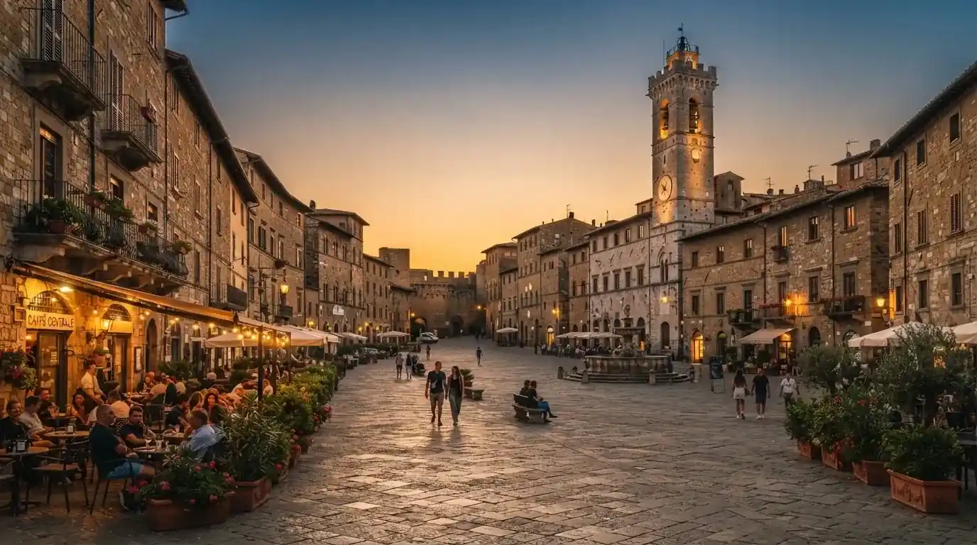 Vista panoramica di una piazza italiana al tramonto con lampioni accesi e persone che passeggiano.